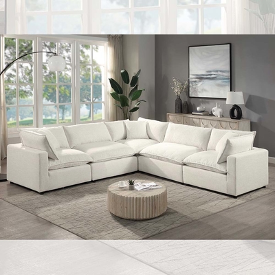 Sofá modular seccional com almofada e travesseiros, linho bege