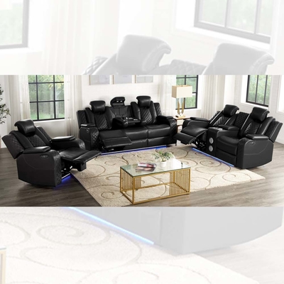 Sofá Power Recliner com Assentos Power Recliner e apoios de cabeça Power e Tabela Dropdown e Bluetooth Audio Speaker e Caixa de armazenamento e braços de armazenamento e Luz LED, Leatherette respirável preto