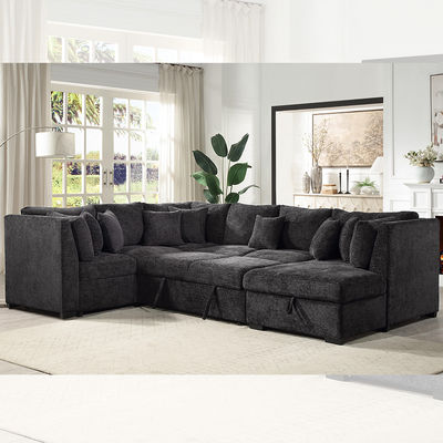 Sofá-cama seccional em forma de U com cama extensível e chaise longue com arrumação, tecido preto