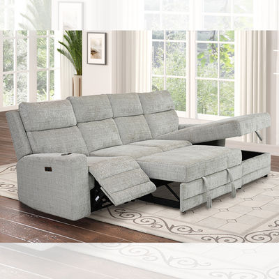 Big L-Shaped Sectional Sleeper Sofa with Pull-Out Bed and Storage Chaise and Power Recliner Chair, Warm Gray Chenille