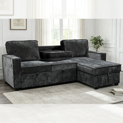 Sofá-cama reversível em forma de L com cama de saída e mesa e armazenamento, chenilia preta de carvão