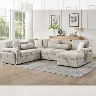 Sofá-cama secional em forma de U com cama dobrável e mesa suspensa e espreguiçadeira de armazenamento e poltrona de armazenamento e porta-copos, tecido bege