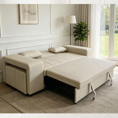 Queen Size Convertible Sofá Dormitório Cama, Cama Confortável Pull-Out com Encosto Ajustável, Braço com Ottomans, Couro Tech Beige