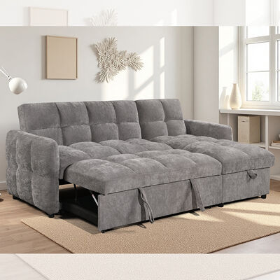 Sofá de cama seccional em forma de L com cama de saída e encosto ajustável e cadeira de armazenamento, tecido cinza