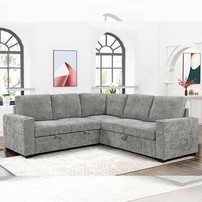 Sofá de cama seccional em forma de L, com cama e depósito para arrastar Sofá e porta-copos, tecido cinza