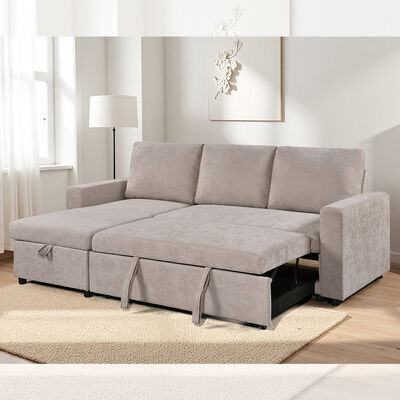 Sofá-cama reversível seccional em forma de L com cama e armazenamento, de tecido bege