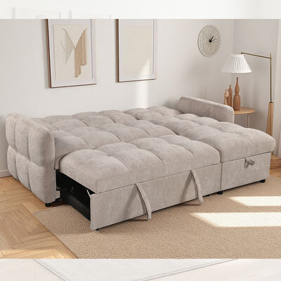 Sofá de cama seccional em forma de L, com cama de saída e encosto ajustável e cadeira de armazenamento, tecido bege