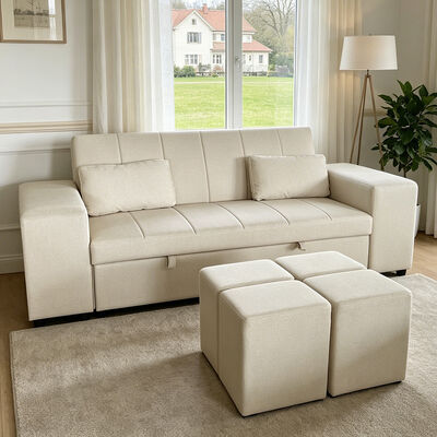 Queen Size Convertible Sofá Dormitório Cama, Cama Confortável Pull-Out com Encosto Ajustável, Braço com Ottomans, Couro Tech Beige