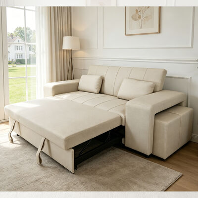 Queen Size Convertible Sofá Dormitório Cama, Cama Confortável Pull-Out com Encosto Ajustável, Braço com Ottomans, Couro Tech Beige