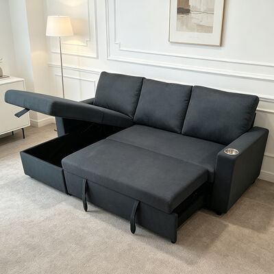 Sofá-cama reversível em forma de L com cama e armazenamento, de tecido cinza escuro