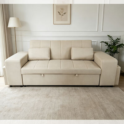 Queen Size Convertible Sofá Dormitório Cama, Cama Confortável Pull-Out com Encosto Ajustável, Braço com Ottomans, Couro Tech Beige