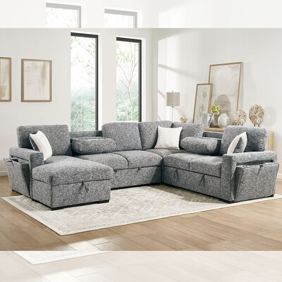 Sofá de cama seccional em forma de U com cama e mesa e armazenamento de cadeira Lounge e armazenamento de cadeira e suportes de taça, tecido da Marinha