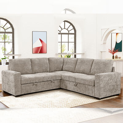 Sofá-cama seccional em forma de L, com cama e depósito para retirar, sofá e suporte de copo, de tecido de taupe