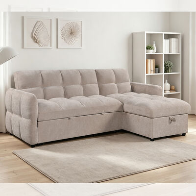 Sofá de cama seccional em forma de L, com cama de saída e encosto ajustável e cadeira de armazenamento, tecido bege