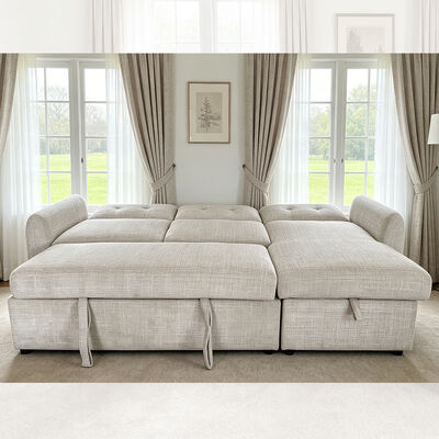 Sofá de cama seccional em forma de L, com cama de saída e encosto ajustável e cadeira de armazenamento, tecido cinza claro