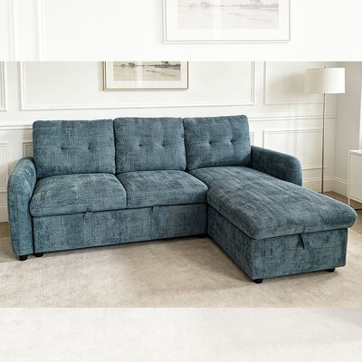 Sofá de cama seccional reversível em forma de L, com cama e cadeira, tecido azul nebuloso