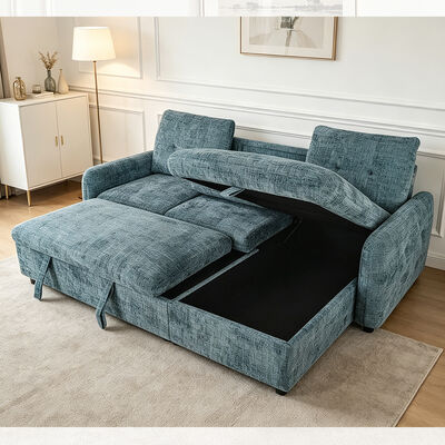 Sofá de cama seccional reversível em forma de L, com cama e cadeira, tecido azul nebuloso