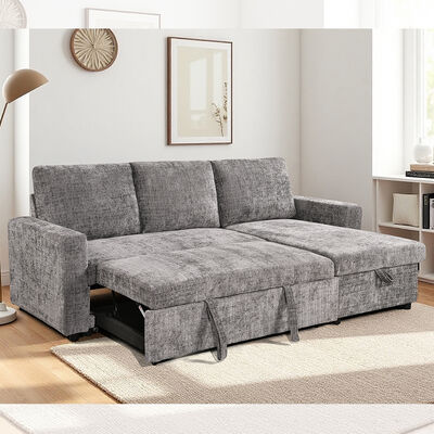 Sofá-cama reversível seccional em forma de L com cama e armazenamento, tecido cinza metálico