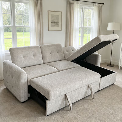 Sofá de cama seccional em forma de L, com cama de saída e encosto ajustável e cadeira de armazenamento, tecido cinza claro