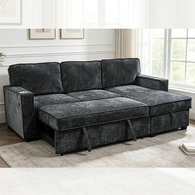 Sofá-cama reversível em forma de L com cama de saída e mesa e armazenamento, chenilia preta de carvão