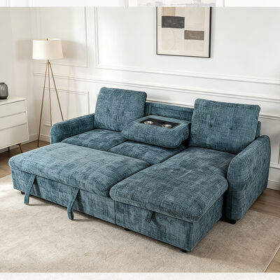 Sofá de cama seccional reversível em forma de L, com cama e cadeira, tecido azul nebuloso