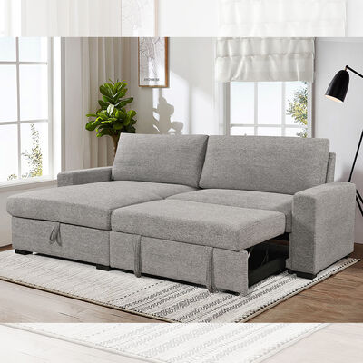 Sofá-cama reversível seccional em forma de L com cama e armazenamento, tecido cinza