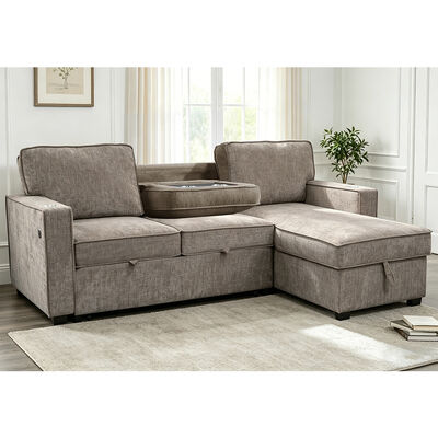 Sofá de cama seccional reversível em forma de L, com cama e mesa e armazenamento, cinilho cinza castanho claro