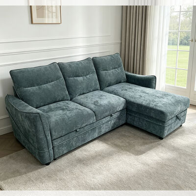 Sofá-cama reversível seccional em forma de L com cama e armazenamento, de tecido azul