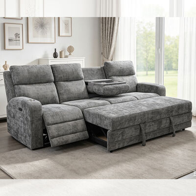 Sofá-cama secional grande com cama extraível e cadeira reclinável elétrica, tecido cinza metálico