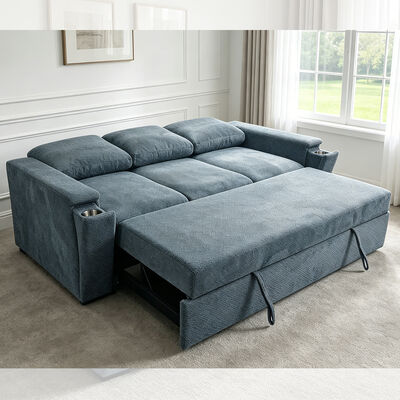Sofá-cama futon, sofá-cama conversível, cama dobrável confortável com encosto ajustável, braço com porta-copos ocultos de aço inoxidável, tecido azul
