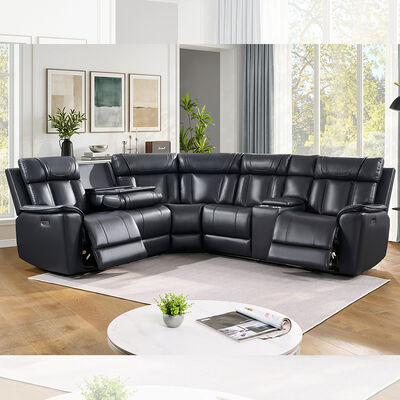 Sofá de esquina Power Recliner com 2 assentos Power Recliner e caixa de armazenamento e tabela suspensa, de couro preto