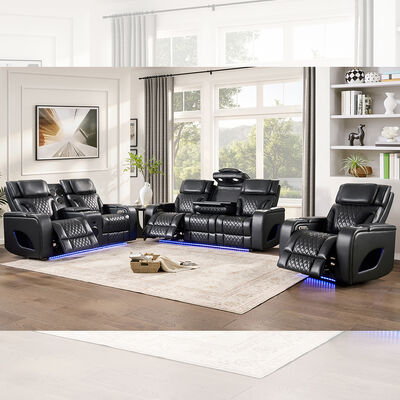 Conjunto de Sofá Power Recliner com Assentos Power Recliner e apoios de cabeça Power e Mesa e Alto-falante e Armazenamento e Luz LED, Função de Massagem, Leatherette Negro