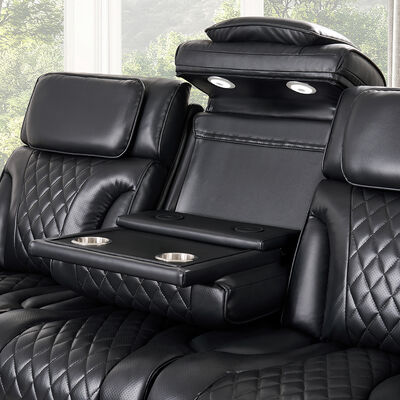 Conjunto de Sofá Power Recliner com Assentos Power Recliner e apoios de cabeça Power e Mesa e Alto-falante e Armazenamento e Luz LED, Função de Massagem, Leatherette Negro