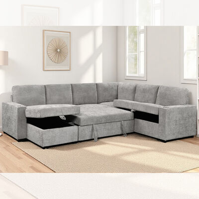 Sofá de cama seccional em forma de U com cama e armazenamento de cadeira de salão e armazenamento Sofá e porta-copos, tecido cinza