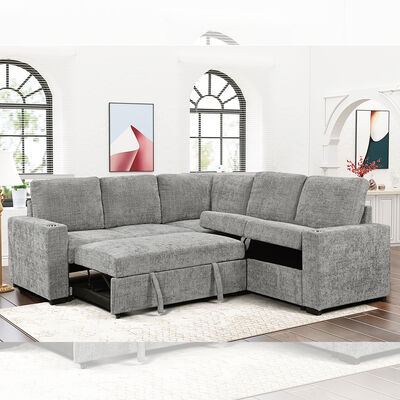 Sofá de cama seccional em forma de L, com cama e depósito para arrastar Sofá e porta-copos, tecido cinza