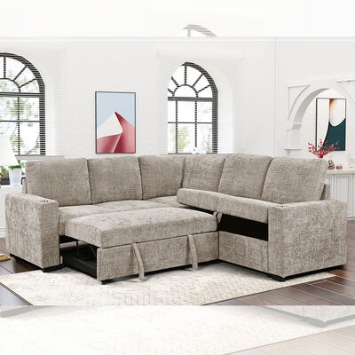 Sofá-cama seccional em forma de L, com cama e depósito para retirar, sofá e suporte de copo, de tecido de taupe