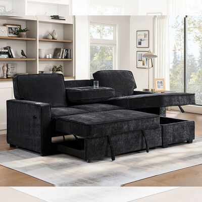 Sofá-cama reversível em forma de L com cama de saída e mesa e armazenamento, chenilia preta de carvão