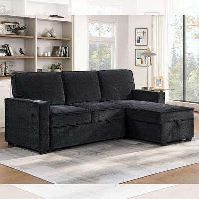 Sofá-cama reversível em forma de L com cama de saída e mesa e armazenamento, chenilia preta de carvão