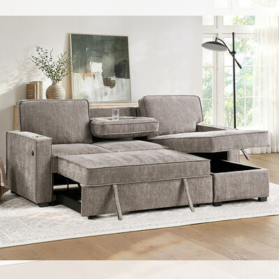 Sofá de cama seccional reversível em forma de L, com cama e mesa e armazenamento, cinilho cinza castanho claro