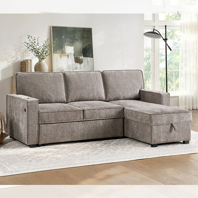 Sofá de cama seccional reversível em forma de L, com cama e mesa e armazenamento, cinilho cinza castanho claro