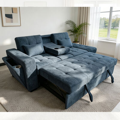 Queen Size Convertible Sleeper Sofa Bed, Comfortable Pull-Out Bed with Adjustable Backrest, Storage Arm and Ottoman, Navy fabric