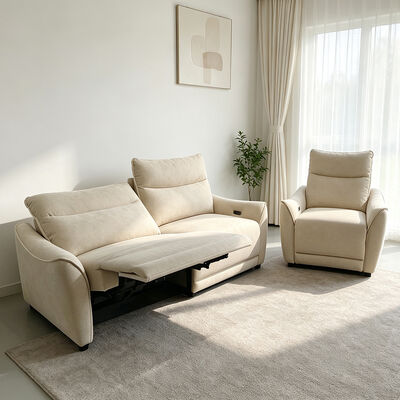 Conjunto de sofá reclinável elétrico com gravidade zero e função de economia de espaço, espuma de alta densidade, tecido bege