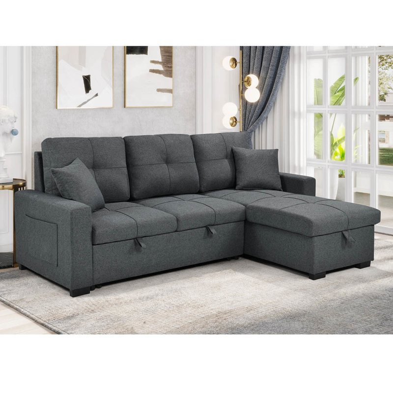Sofá-cama reversível em forma de L com cama e armazenamento, tecido cinza neutro