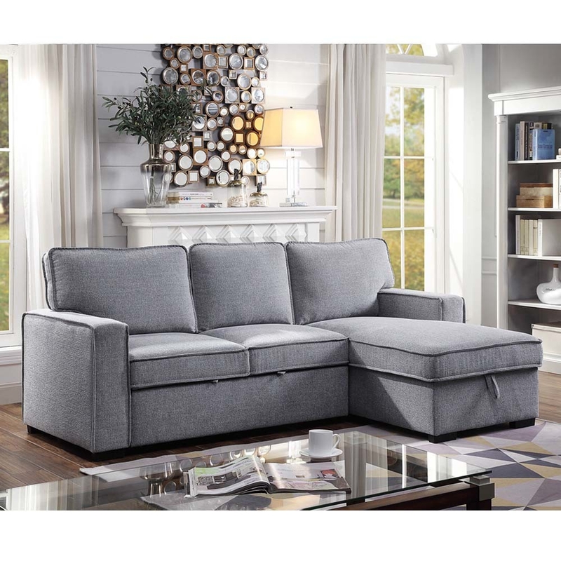 Sofá-cama reversível em forma de L com cama e armazenamento, cinilho
