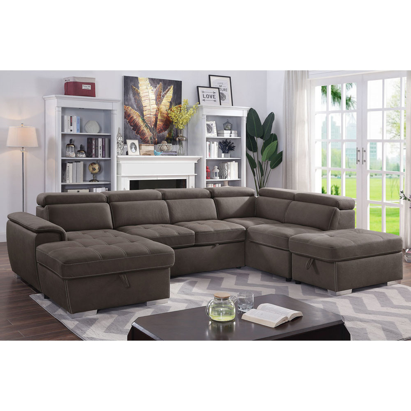 Sofá de cama seccional em forma de U com cama e armazenamento removíveis Chaise Lounge e apoios para a cabeça ajustáveis, tecido Nubuck cinza-marrom