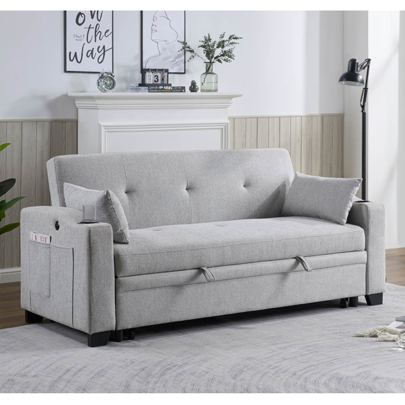 Cama de sofá de cama convertível de tamanho queen, cama confortável com encosto ajustável e porta de carregamento USB e suporte de copo, cama de sofá Futon, tecido cinza