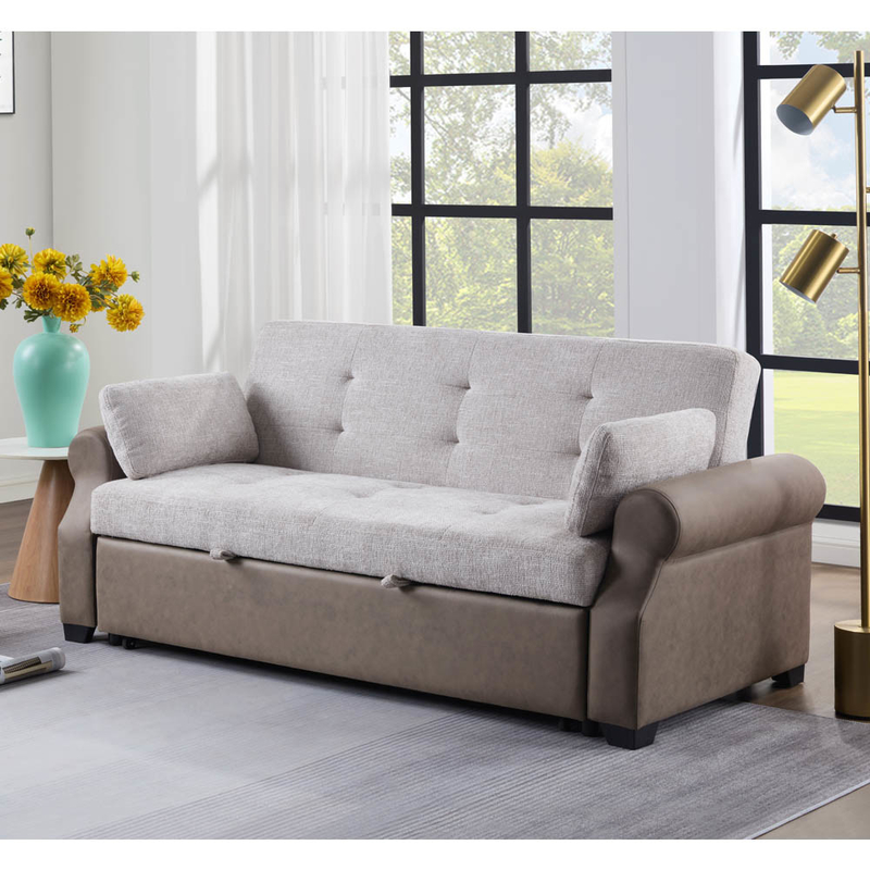 Cama de sofá de cama convertível, cama confortável com encosto ajustável, cama de sofá Futon, tecido cinza e tecido marrom escuro