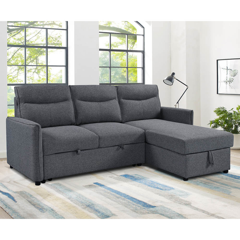 Sofá-cama reversível em forma de L com cama e armazenamento, tecido cinza neutro
