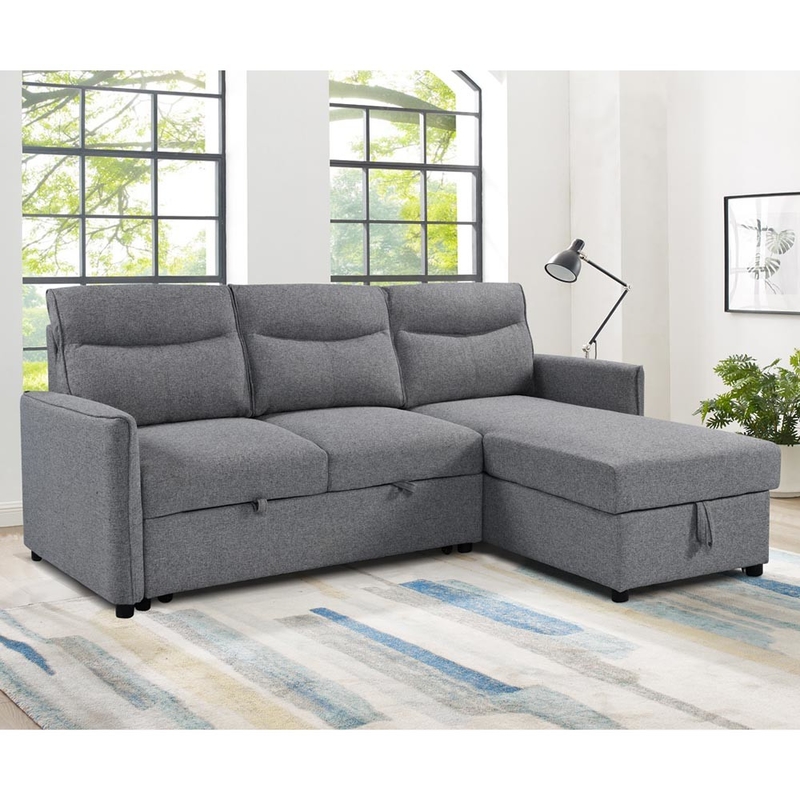 Sofá-cama reversível seccional em forma de L com cama e armazenamento, tecido cinza