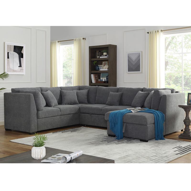 Sofá de cama seccional em forma de U com cama e armazenamento de arrumação Chaise Lounge, tecido de linho cinza